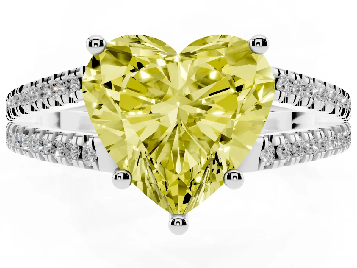Fancy Yellow Heart Cut Diamond Solitaire Engagement Ring with Split Shank Pavé Band Silver