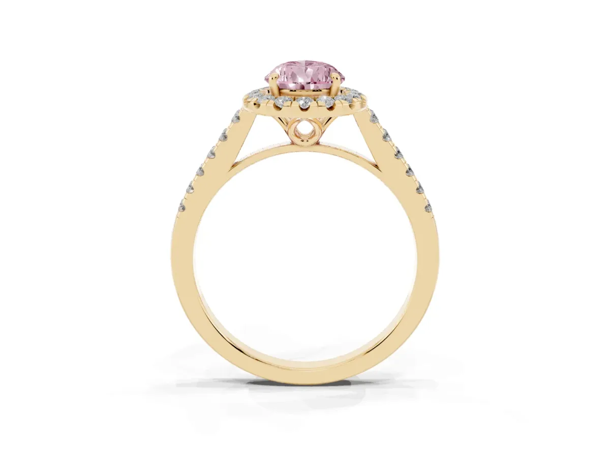 Fancy Pink Pear Cut Halo Pavé Diamond Engagement Ring with Four-Prong Setting Yellow gold