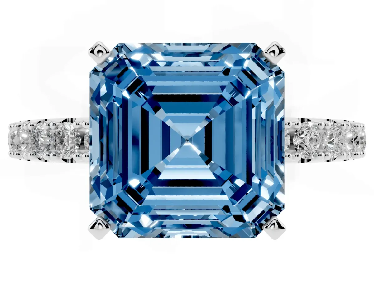 Fancy Blue Asscher Cut Diamond Solitaire Pavé Band with Four-Prong Setting Silver