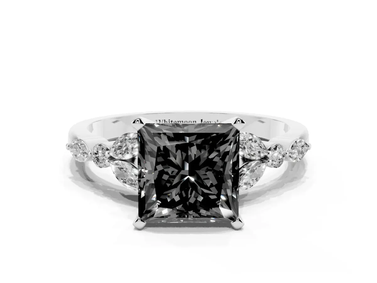 Fancy Black Princess Cut Diamond Solitaire Ring with Side Stones and Four-Prong Setting Silver