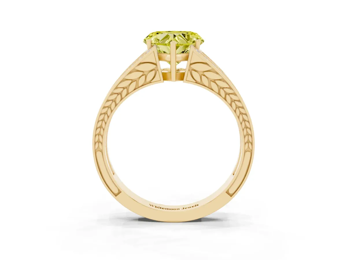 Fancy Yellow Heart Cut Diamond Split Shank Ring with Pavé Band and Four-Prong Setting Yellow gold