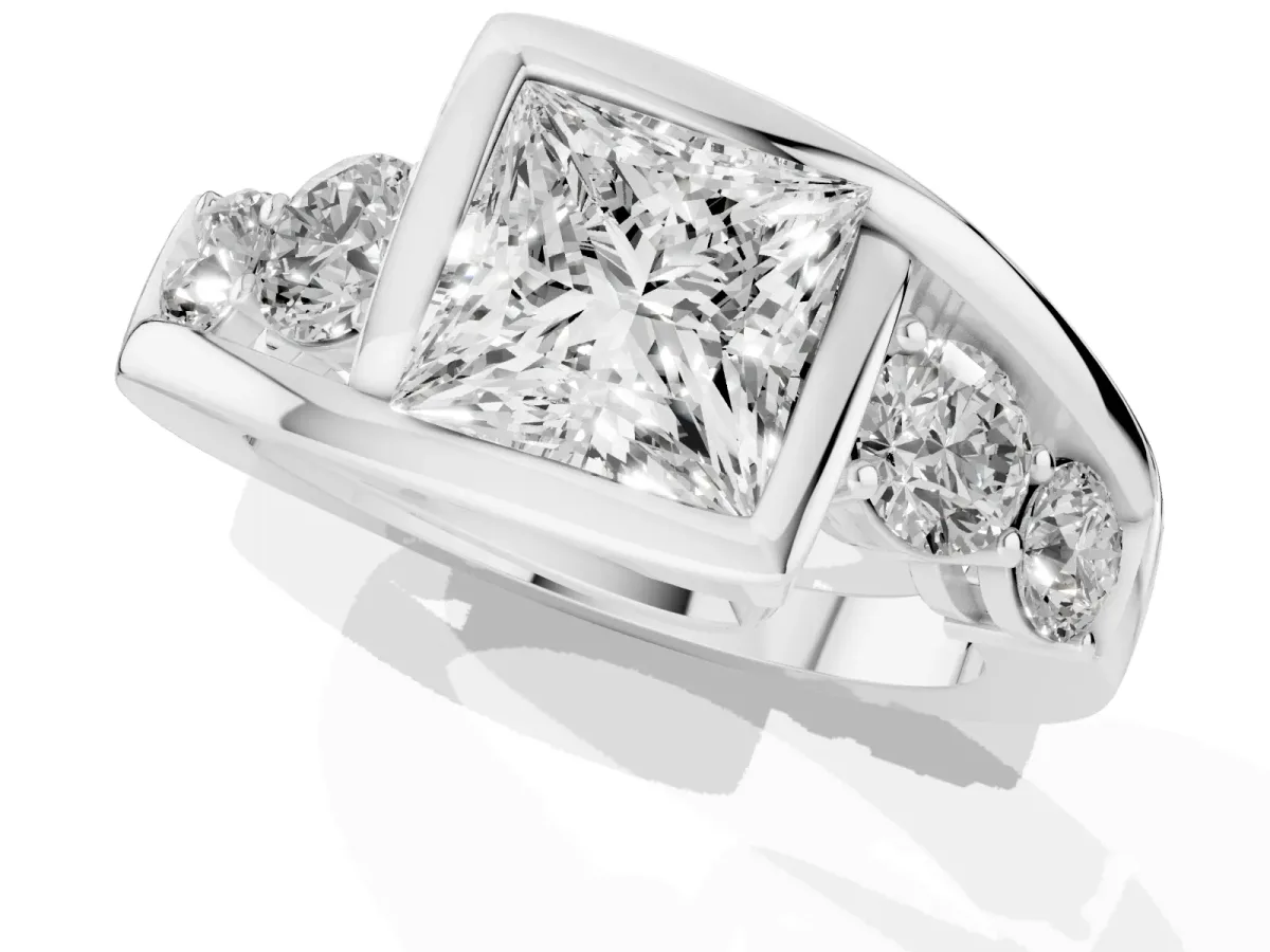 Bezel Set Princess Cut Diamond Bypass Ring with Round Accents Platinum