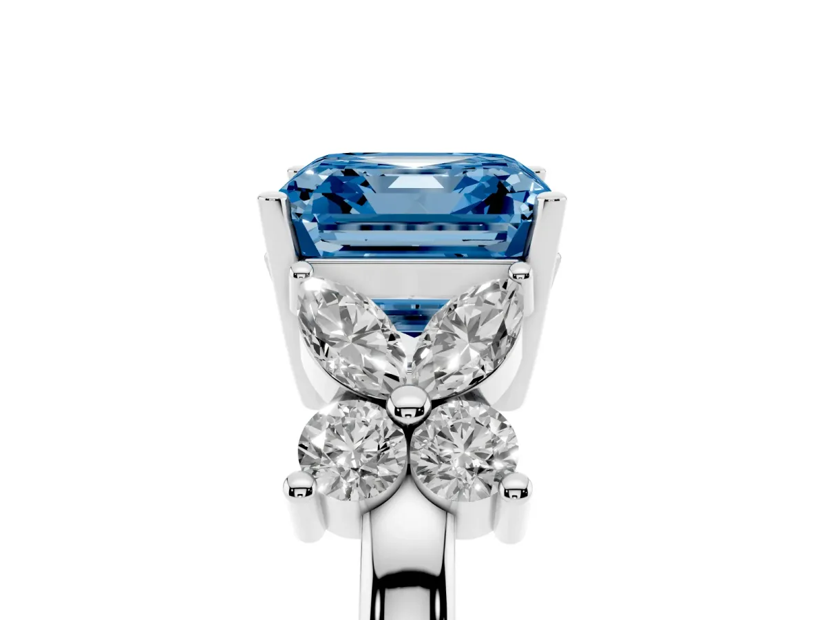 Fancy Blue Princess Cut Diamond Floral Cluster Ring with Solitaire Band and Prong Setting Platinum