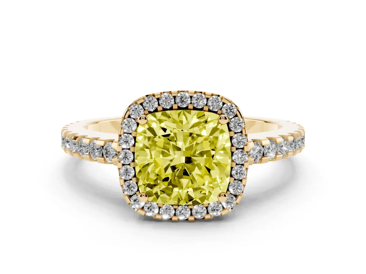 Fancy Yellow Cushion Cut Diamond Halo Engagement Ring with Pavé Band and Prong Setting Yellow gold