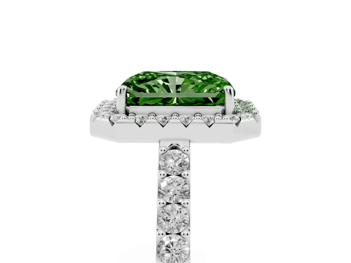 Fancy Green Radiant Cut Halo Diamond Pavé Solitaire Ring Silver