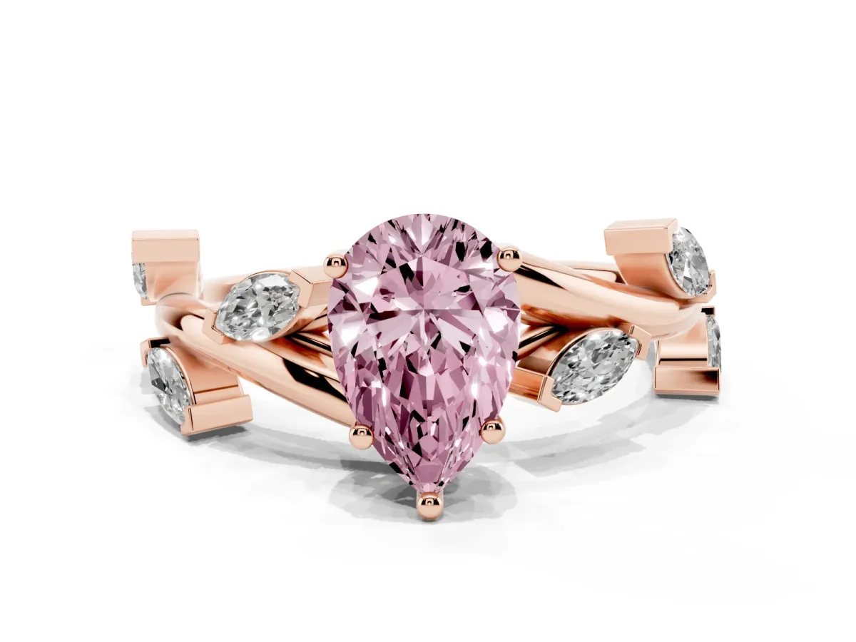 Fancy Pink Pear Cut Solitaire Twisted Band Marquise Accent Prong Setting Ring Rose gold