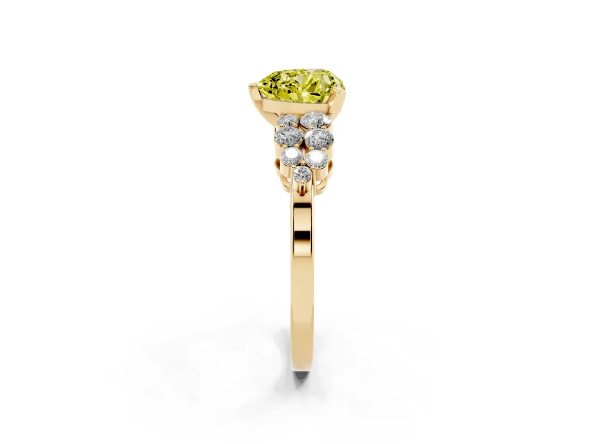 Fancy Yellow Heart Cut Cluster Diamond Engagement Ring with Pavé Band and Four-Prong Setting Yellow gold