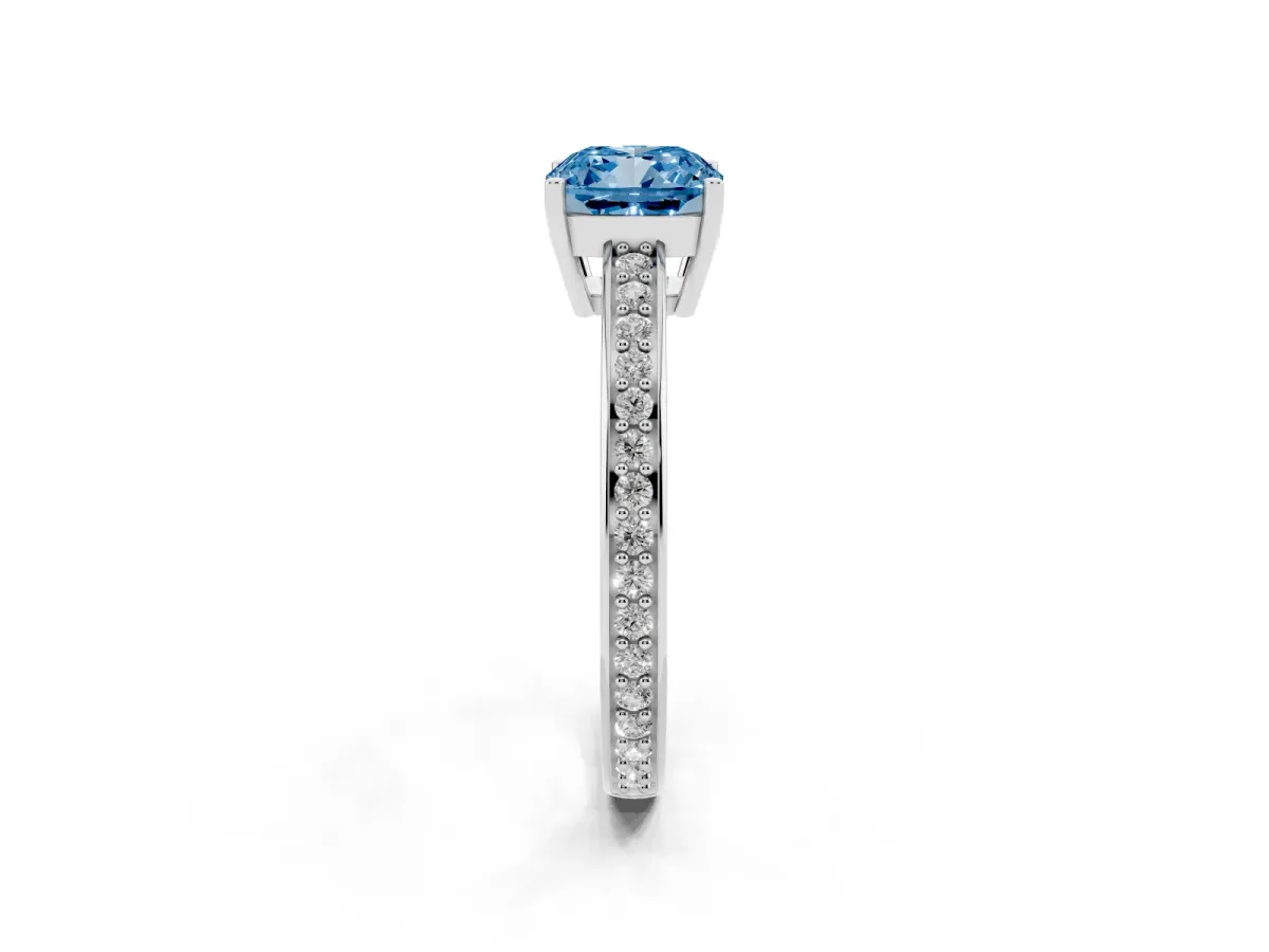 Fancy Blue Cushion Cut Solitaire Pavé Band Prong Setting Ring Silver