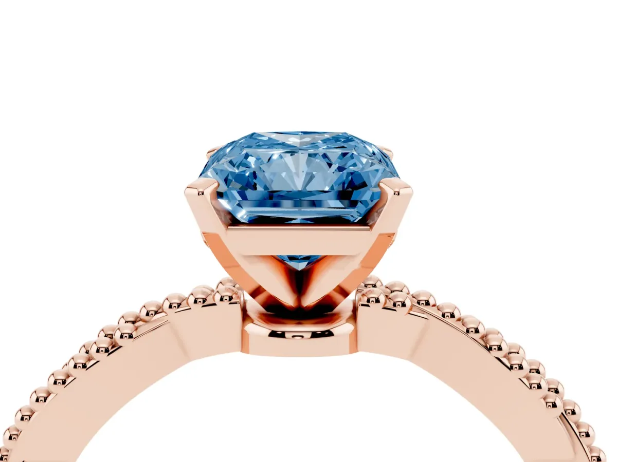 Fancy Blue Radiant Cut Solitaire Twisted Band with Bead Prong Setting Rose gold