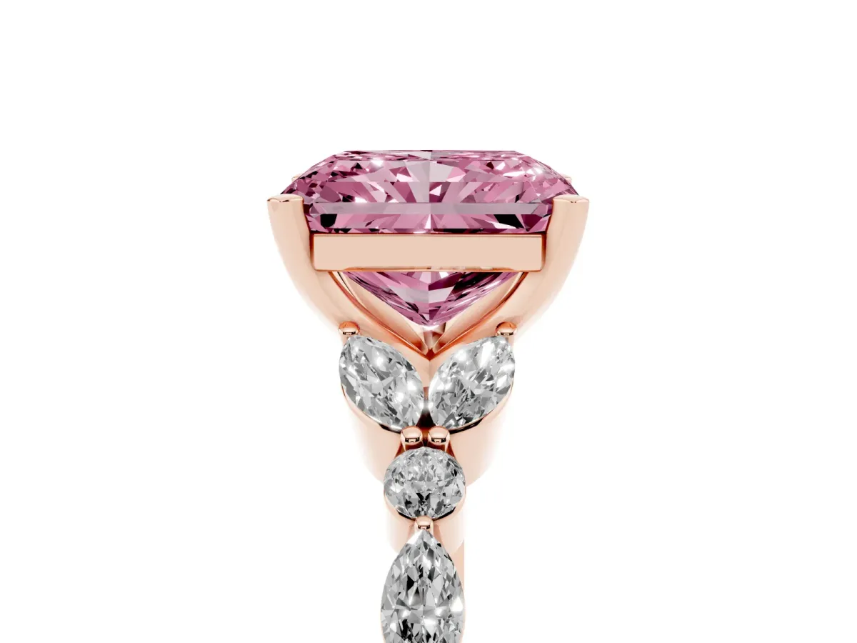 Fancy Pink Radiant Cut Diamond Solitaire Ring with Side Stones and Four-Prong Setting Rose gold