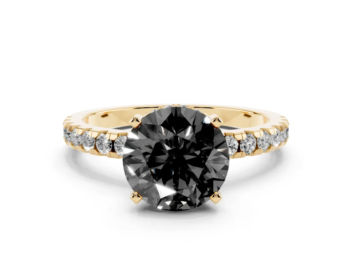 Fancy Black Round Cut Diamond Solitaire Ring with Round Pavé Band and Four-Prong Setting Yellow gold