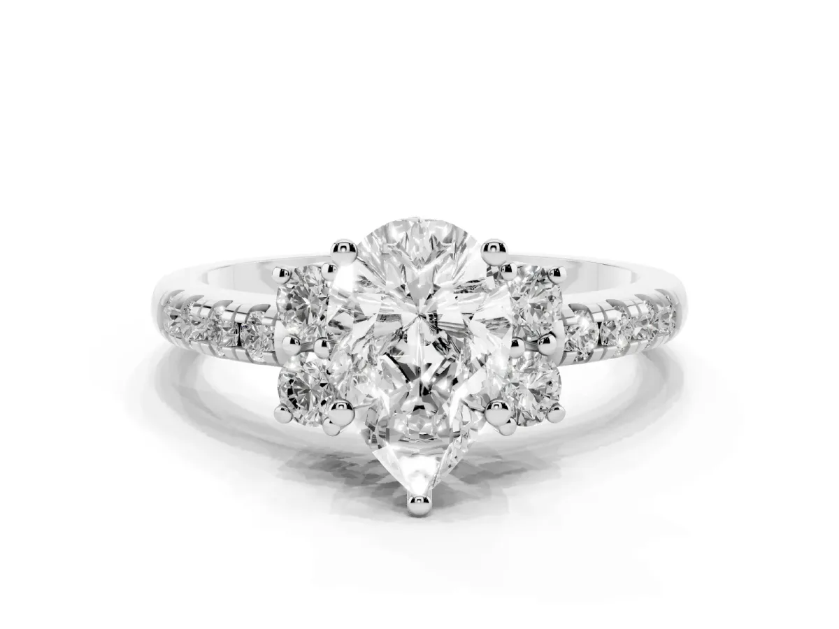 Pear Cut Diamond Three-Stone Pave Band with Four-Prong Setting Silver