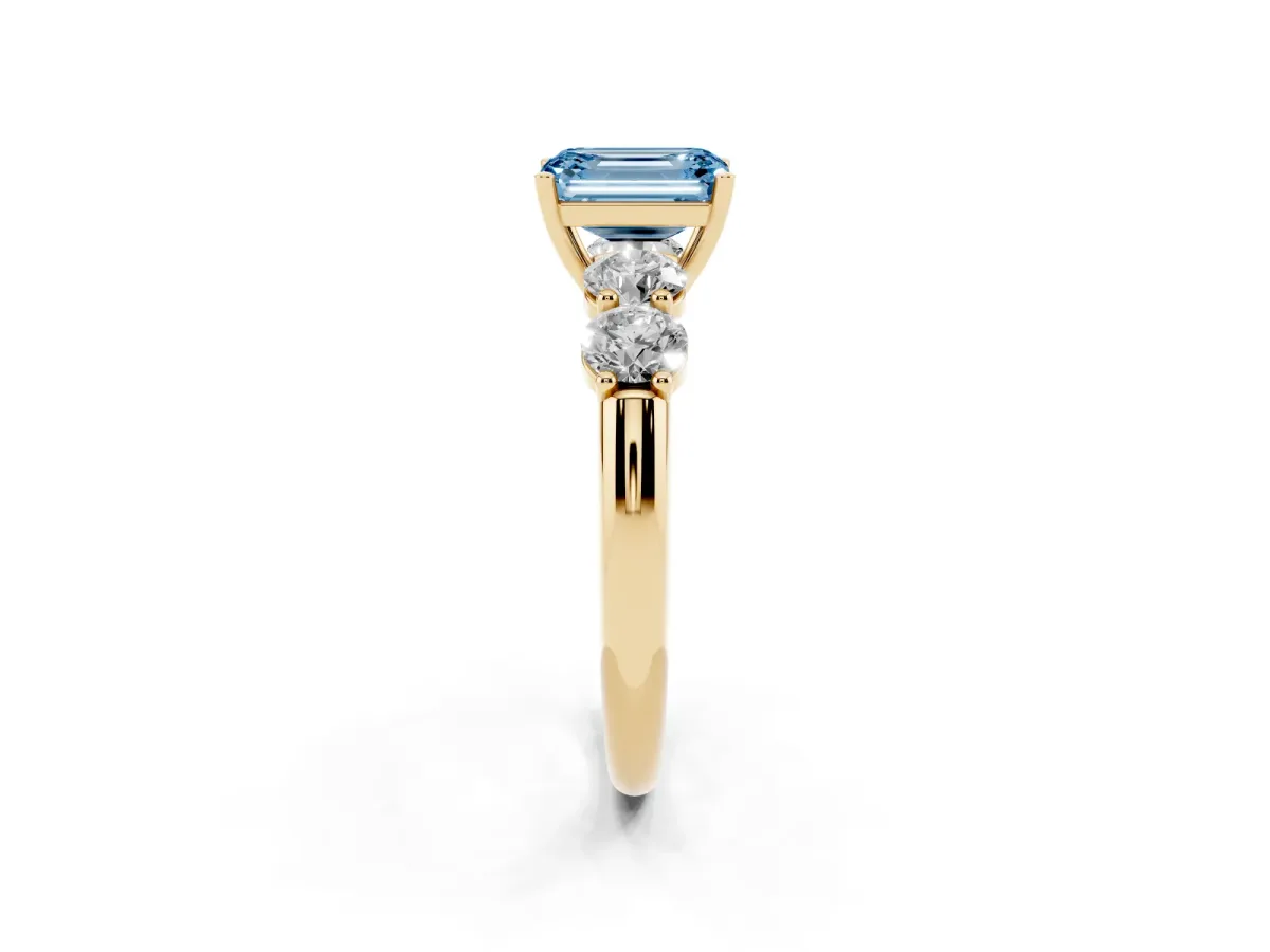 Fancy Blue Emerald Cut Cut Five-Stone Prong Set Diamond Ring with Classic Band Yellow gold