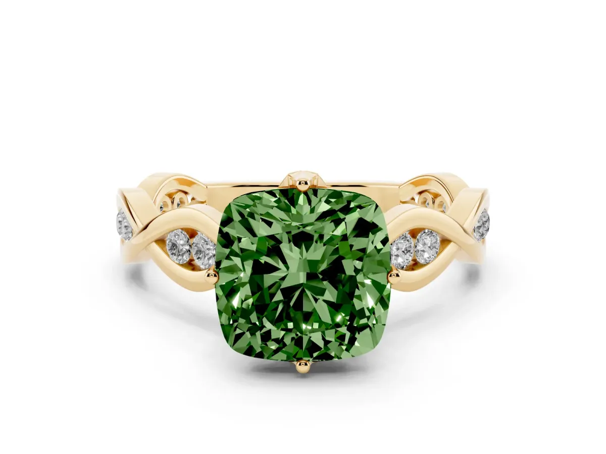 Fancy Green Cushion Cut Solitaire Twist Band with Leaf Prong Setting Yellow gold