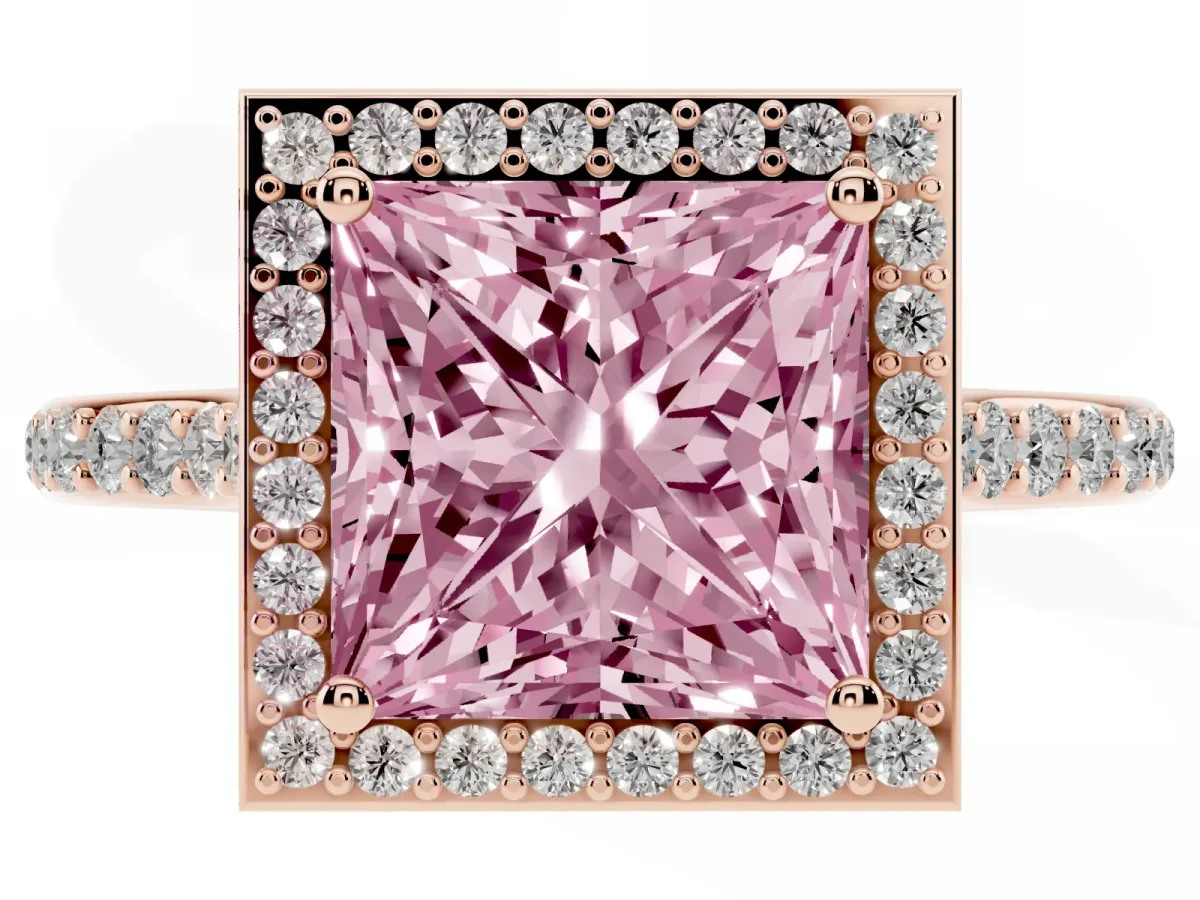 Fancy Pink Princess Cut Diamond Halo Engagement Ring with Round Pavé Shoulders and Prong Setting Rose gold