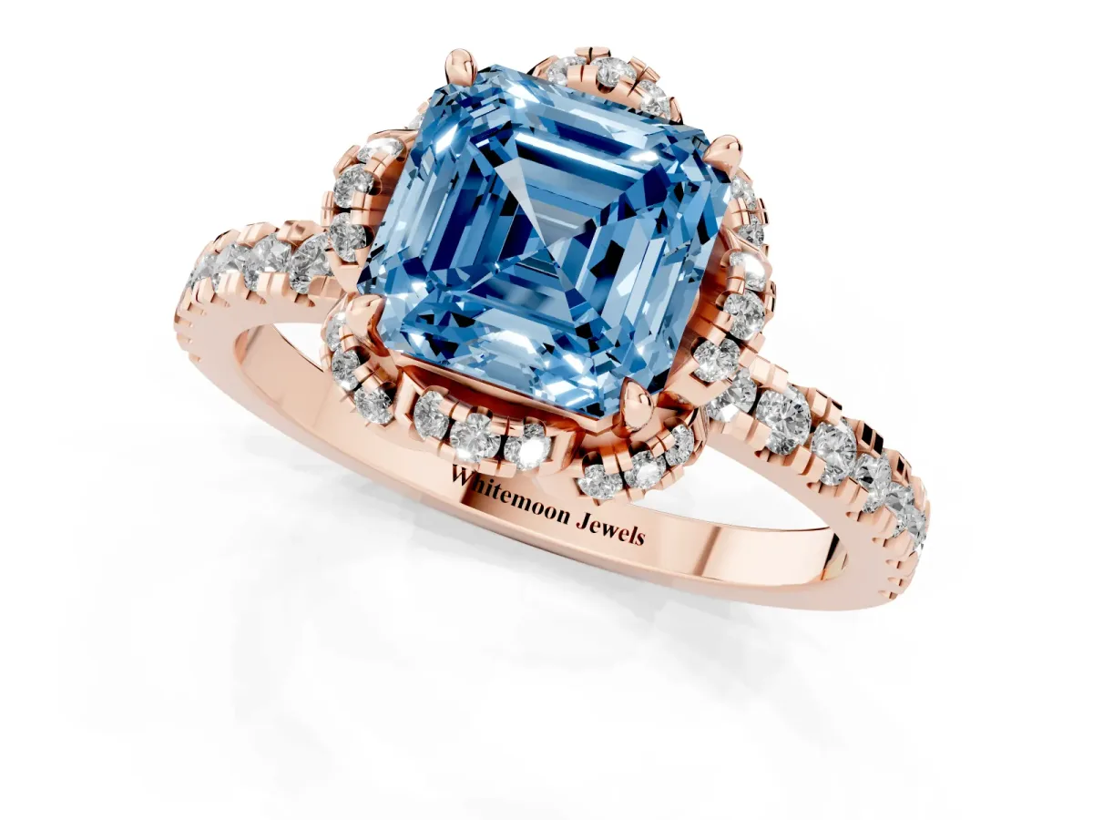 Fancy Blue Asscher Cut Diamond Halo Pave Band with Four-Prong Setting Rose gold