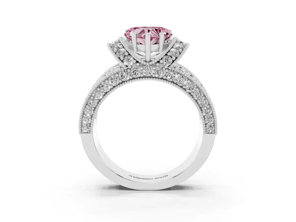Fancy Pink Heart Cut Halo Pave Diamond Engagement Ring with Milgrain Detailing Silver