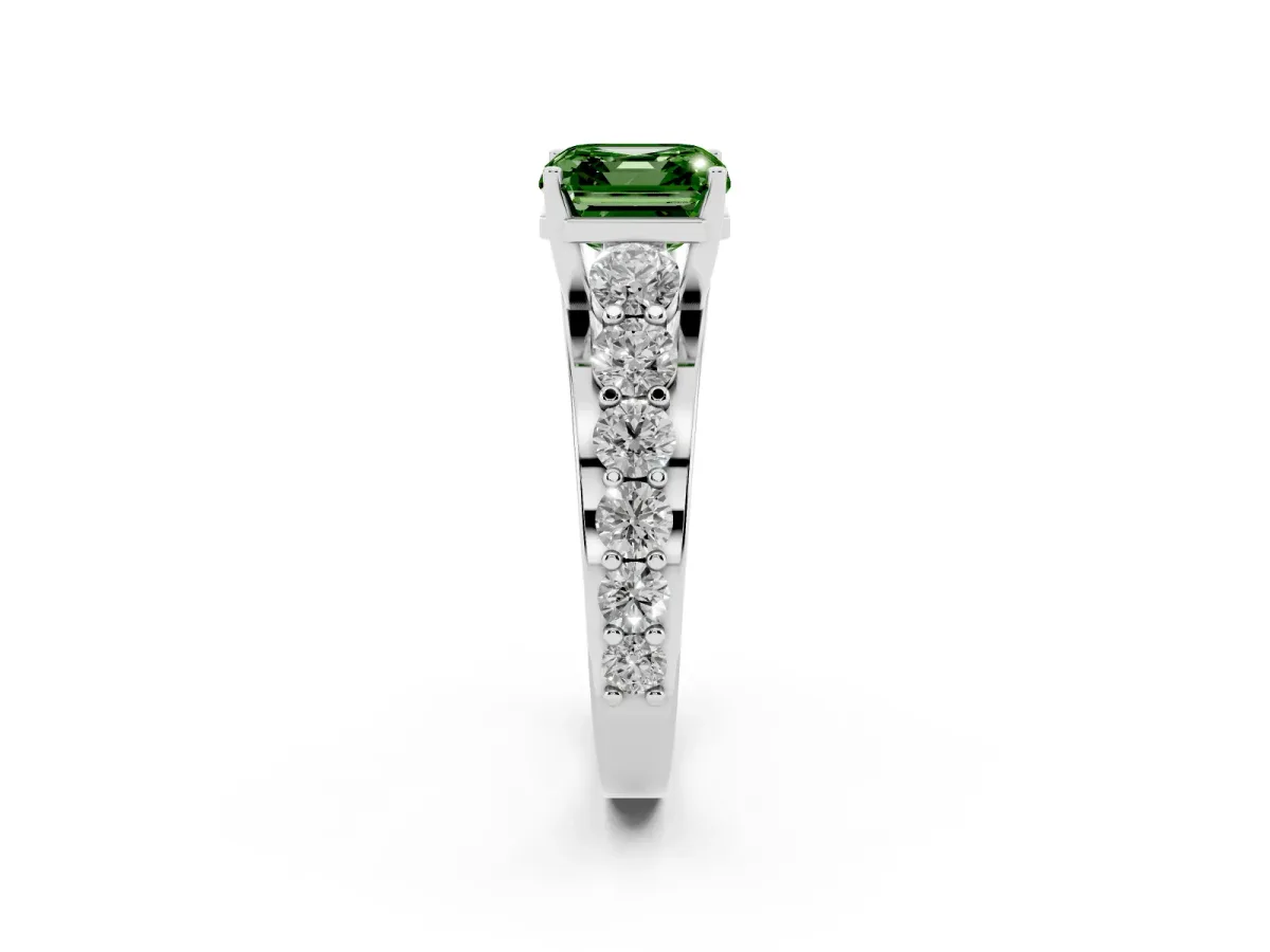 Fancy Green Asscher Cut Diamond Engagement Ring with Pavé Band and Four-Prong Setting Platinum