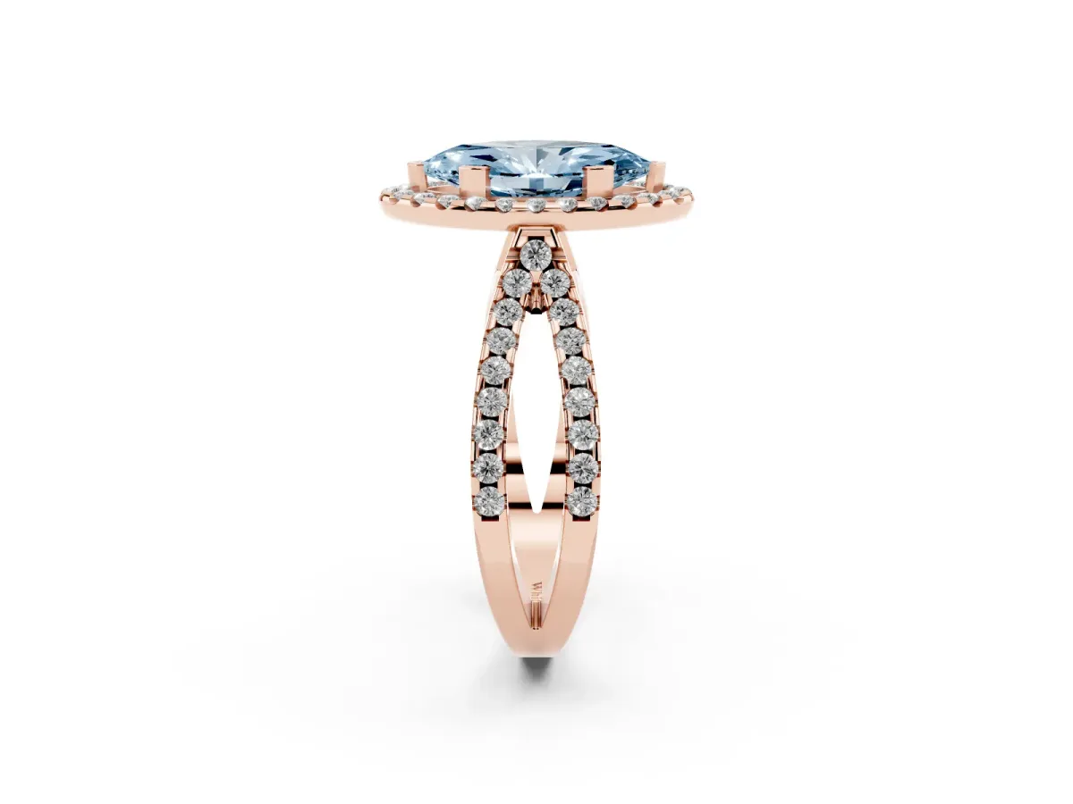 Fancy Blue Marquise Cut Diamond Halo Ring with Split Shank Pavé Band and Prong Setting Rose gold