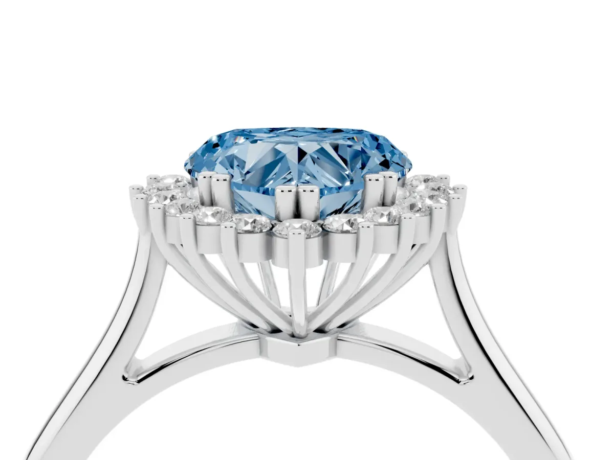 Fancy Blue Heart Cut Cut Diamond Halo Ring with Solitaire Band and Prong Setting Platinum