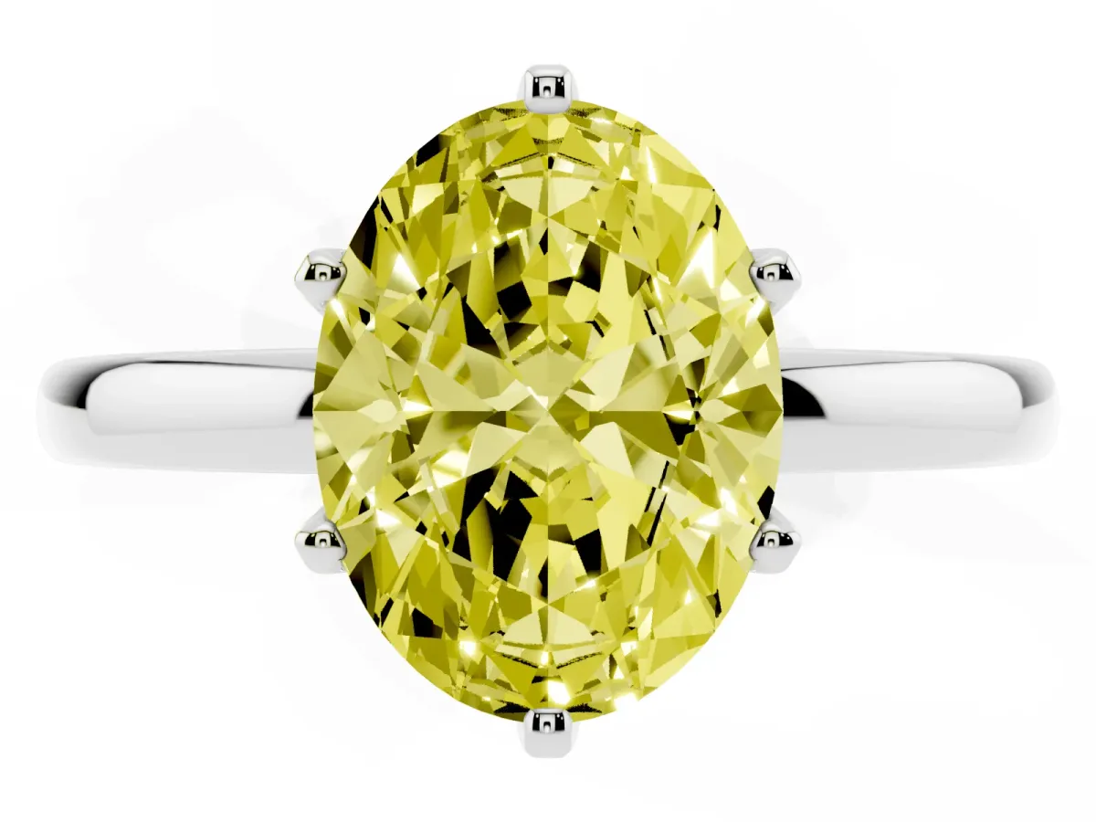 Fancy Yellow Oval Cut Solitaire Diamond Ring with Six-Prong Setting on a Classic Band Silver