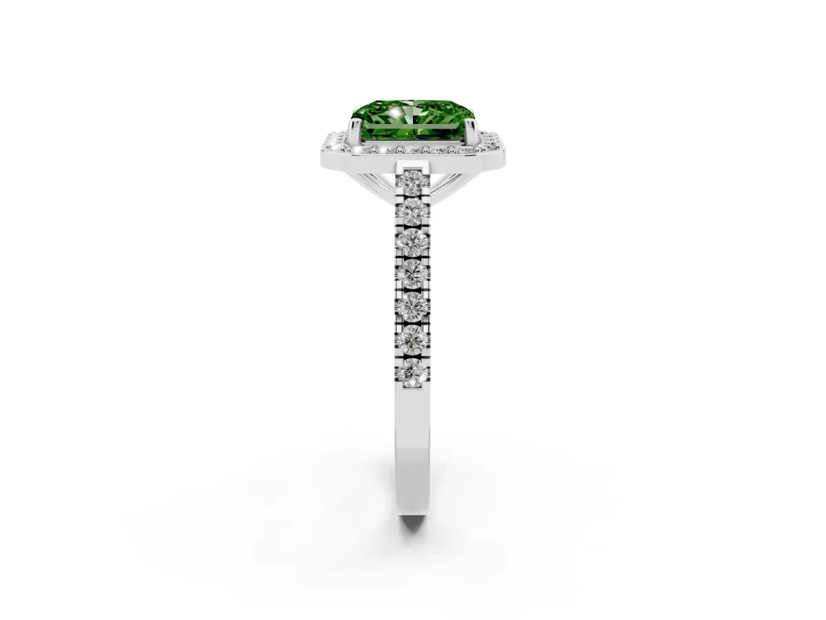 Fancy Green Radiant Cut Diamond Halo Ring with Round Pavé Split Shank and Prong Setting Silver