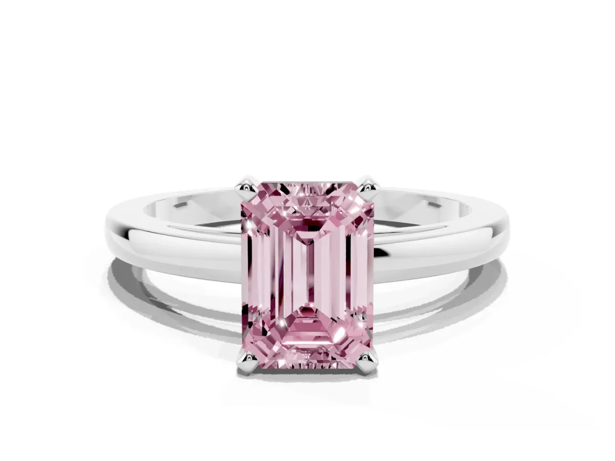 Fancy Pink Emerald Cut Solitaire Diamond Engagement Ring with Four-Prong Setting on a Classic Band White gold