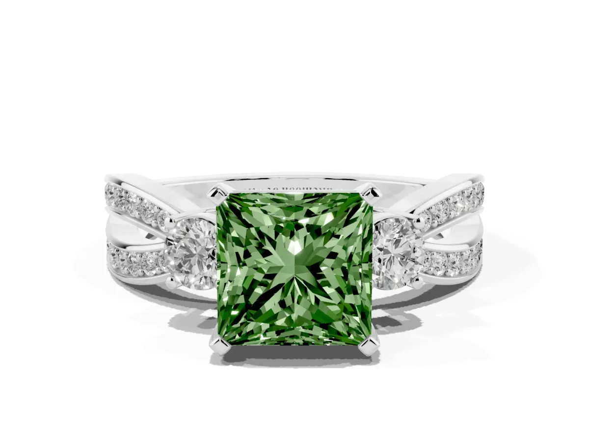 Fancy Green Three-Stone Princess Cut Cut Diamond Twist Band with Prong Setting Silver