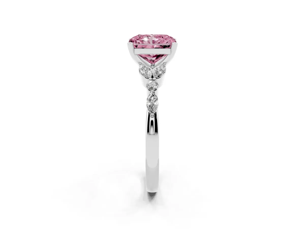 Fancy Pink Radiant Cut Diamond Solitaire Ring with Side Stones and Four-Prong Setting Silver