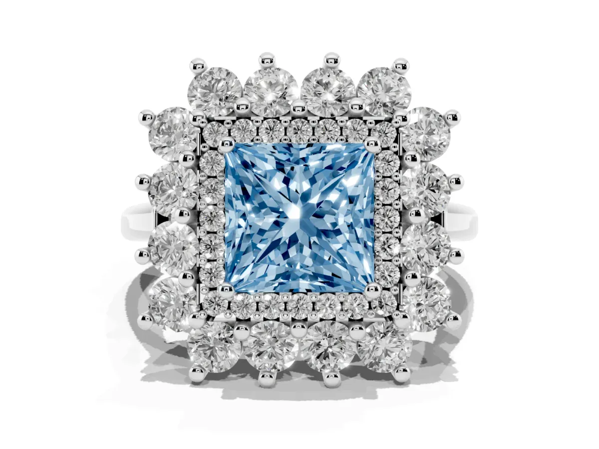 Fancy Blue Princess Cut Diamond Floral Double Halo Engagement Ring with Prong Setting Silver