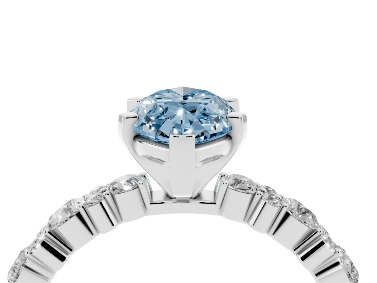 Fancy Blue Marquise Cut Diamond Side Stone Solitaire Ring with Round and Four-Prong Setting Silver