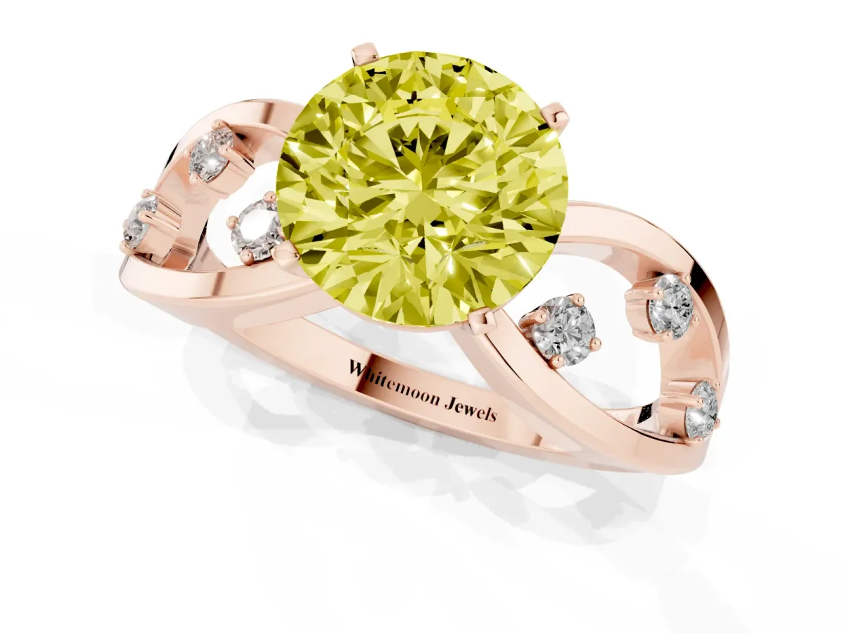 Fancy Yellow Round Cut Cut Solitaire Diamond with Side Stones on Criss-Cross Band and Four-Prong Setting Rose gold