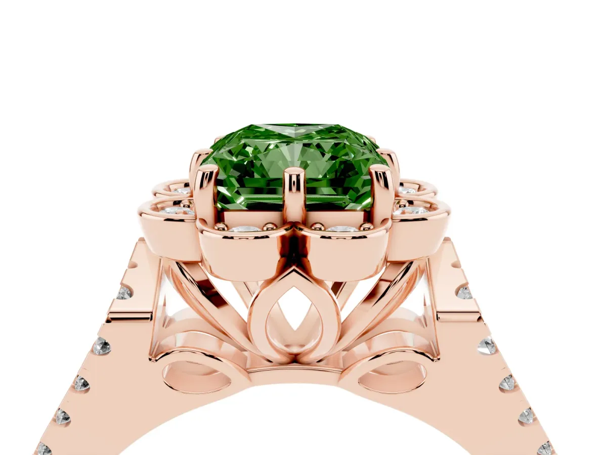 Fancy Green Radiant Cut Halo Diamond Floral Split Shank Engagement Ring Rose gold