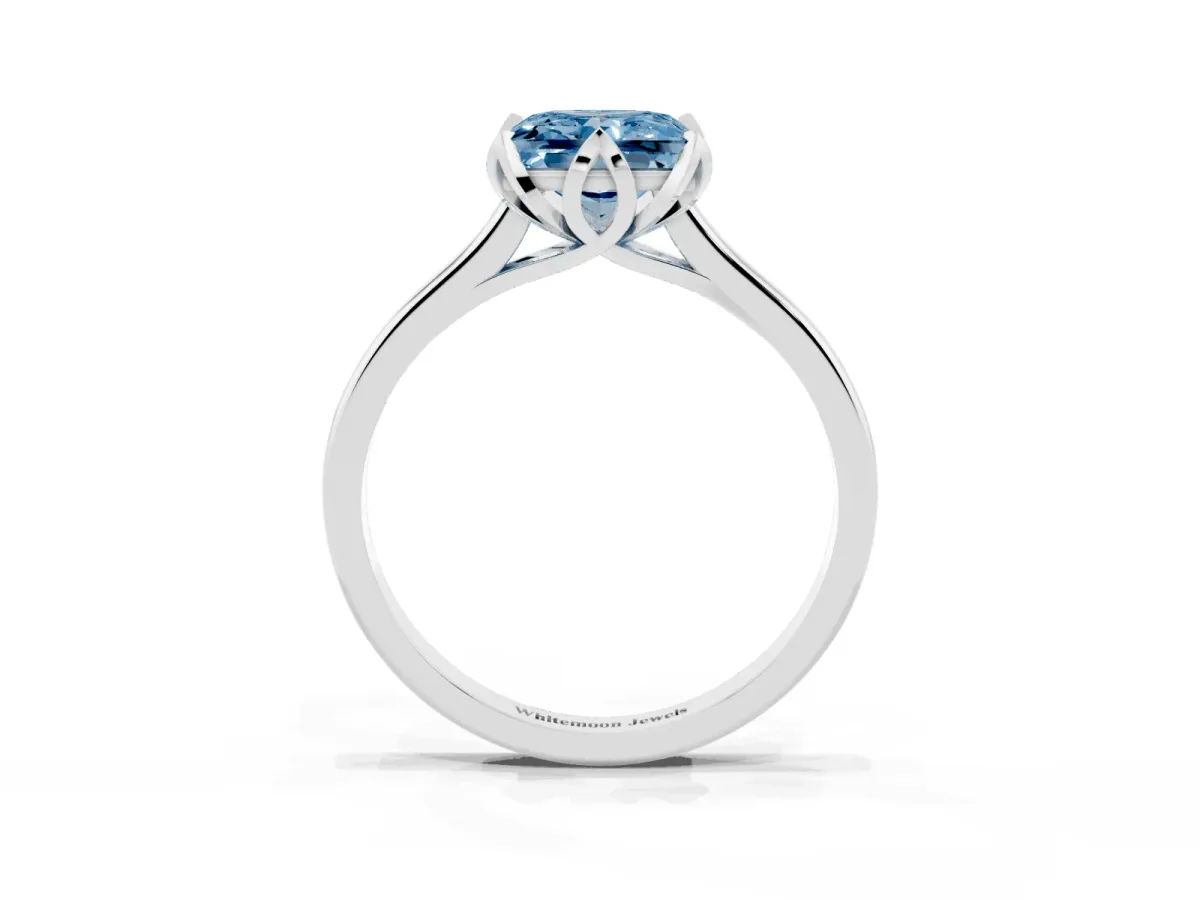 Fancy Blue Princess Cut Diamond Solitaire Ring with Flower Prong Setting and Classic Band Silver