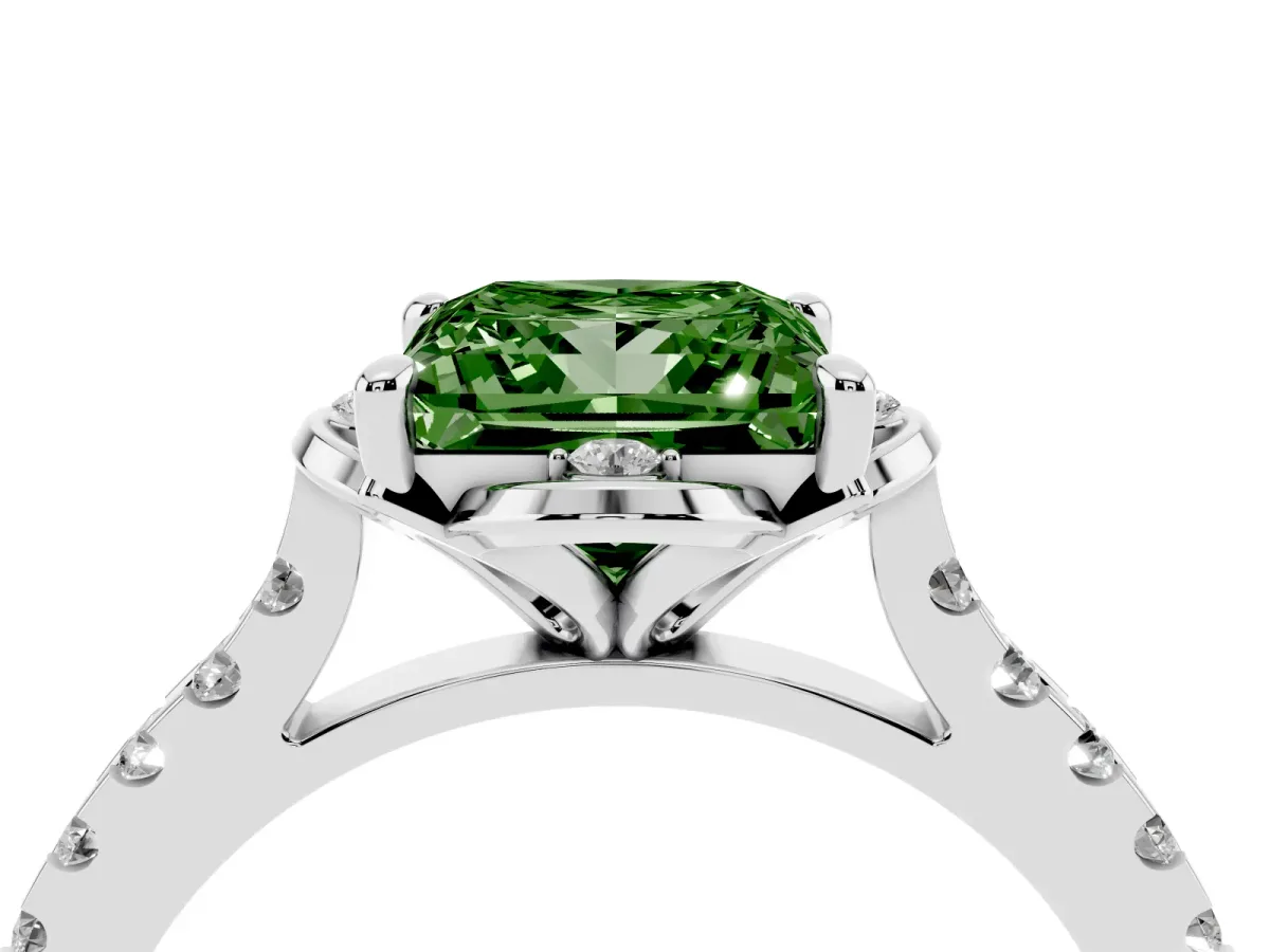 Fancy Green Princess Cut Diamond Ring with Pavé Band and Floral Prong Setting White gold