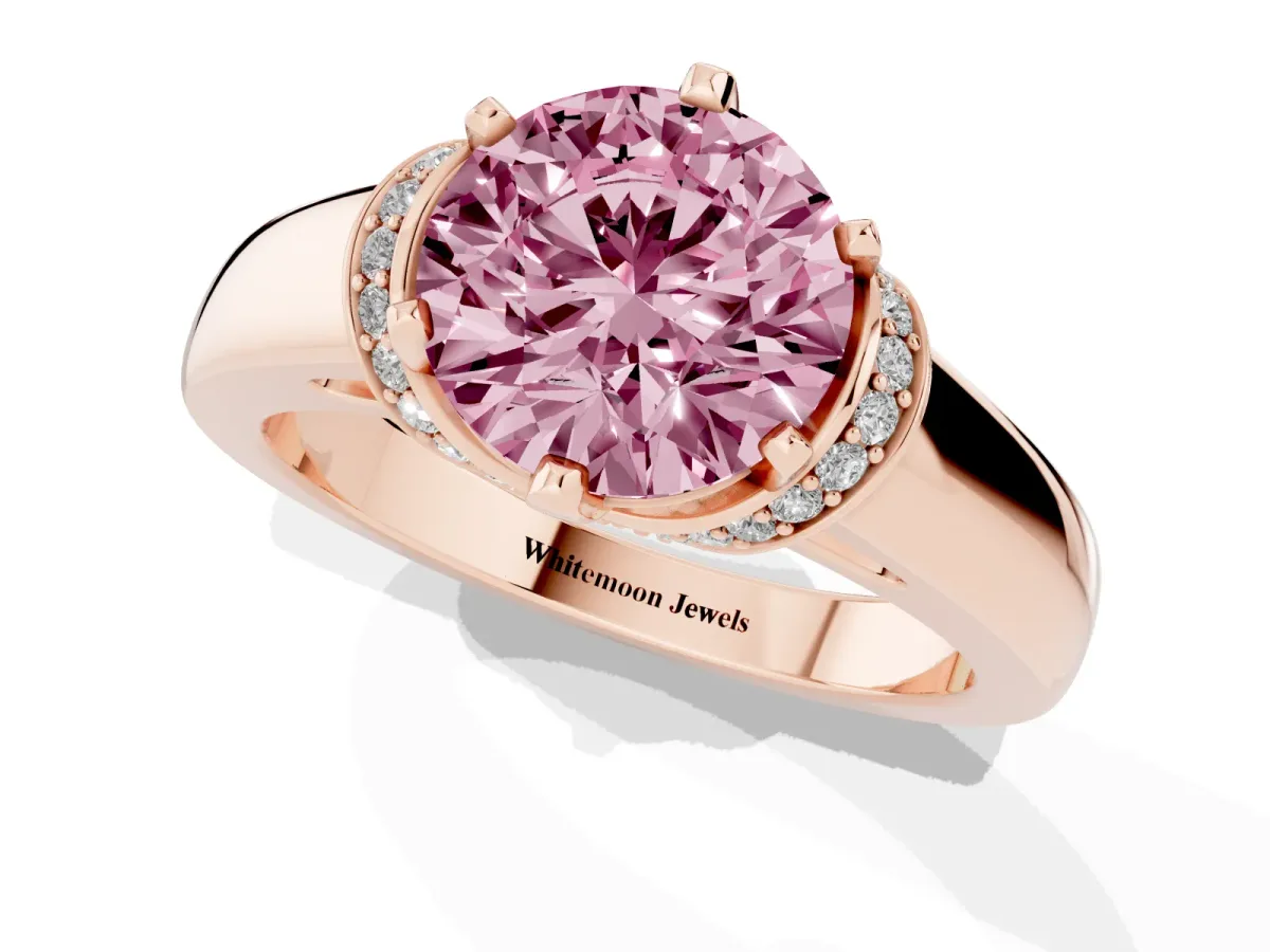 Fancy Pink Round Cut Solitaire Diamond Ring with Pave Band and Six-Prong Setting Rose gold