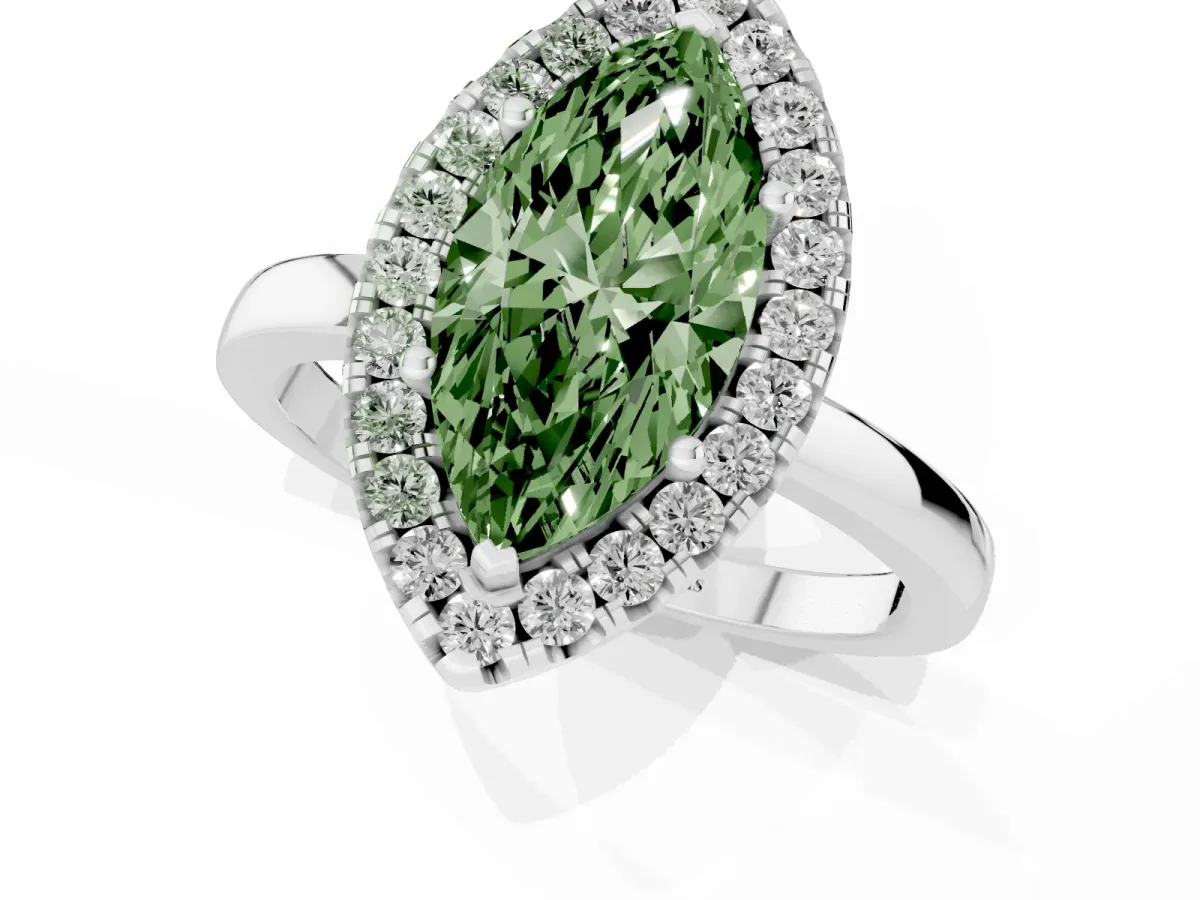 Fancy Green Marquise Cut Halo Diamond Solitaire with Pavé Band and Four-Prong Setting White gold