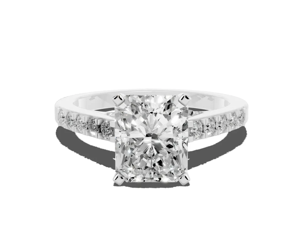 Radiant Cut Diamond Solitaire Ring with Crossover Gallery and Round Pavé Band Platinum
