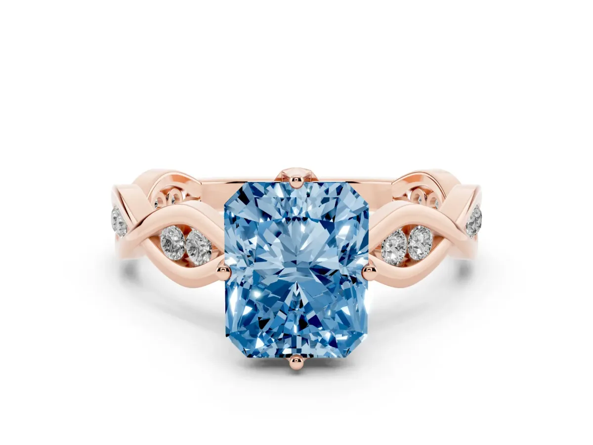 Fancy Blue Radiant Cut Solitaire Twist Band with Leaf Prong Setting Rose gold
