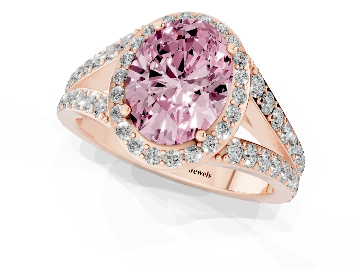 Fancy Pink Oval Cut Diamond Split Shank Halo Ring with Four-Prong Setting Rose gold