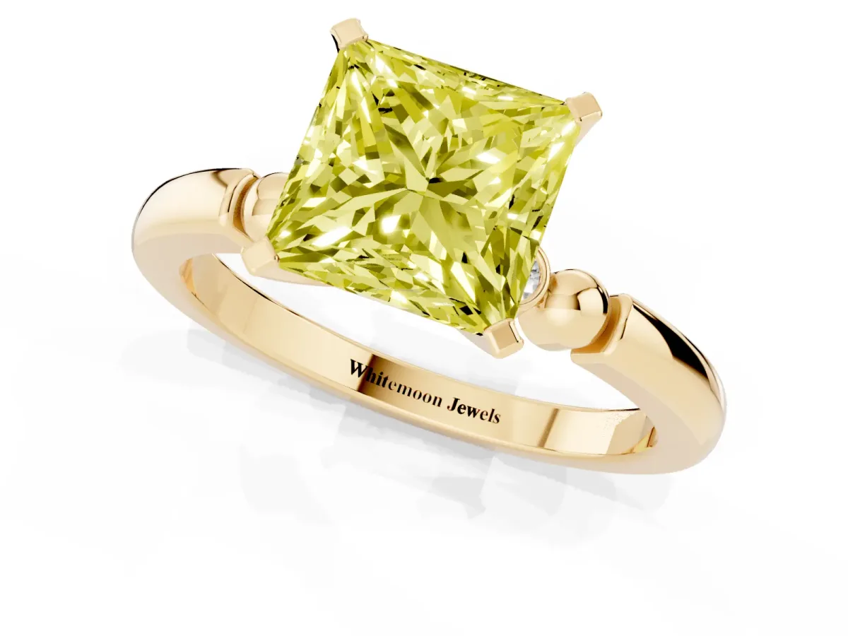 Fancy Yellow Princess Cut Solitaire Beaded Band with Four-Prong Setting Yellow gold