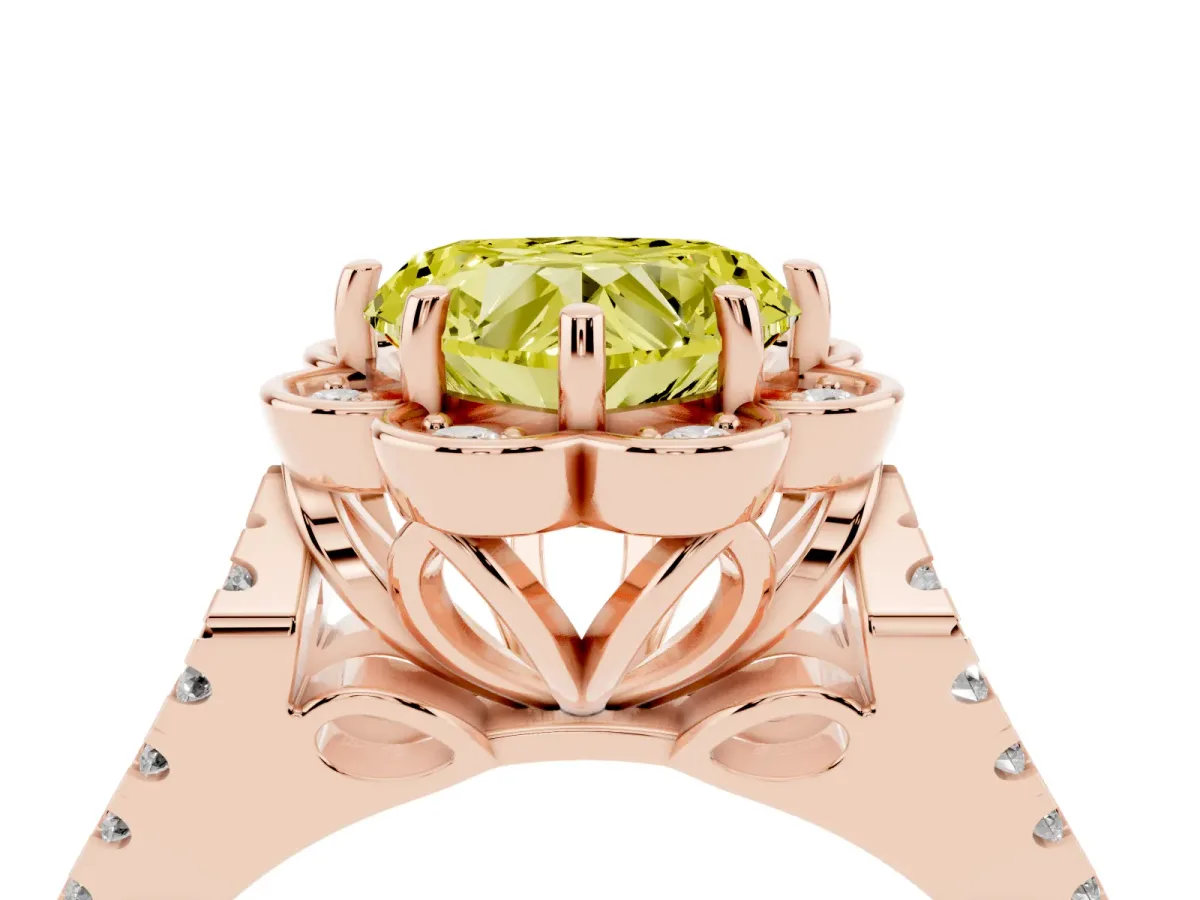 Fancy Yellow Heart Cut Halo Diamond Floral Split Shank Engagement Ring Rose gold