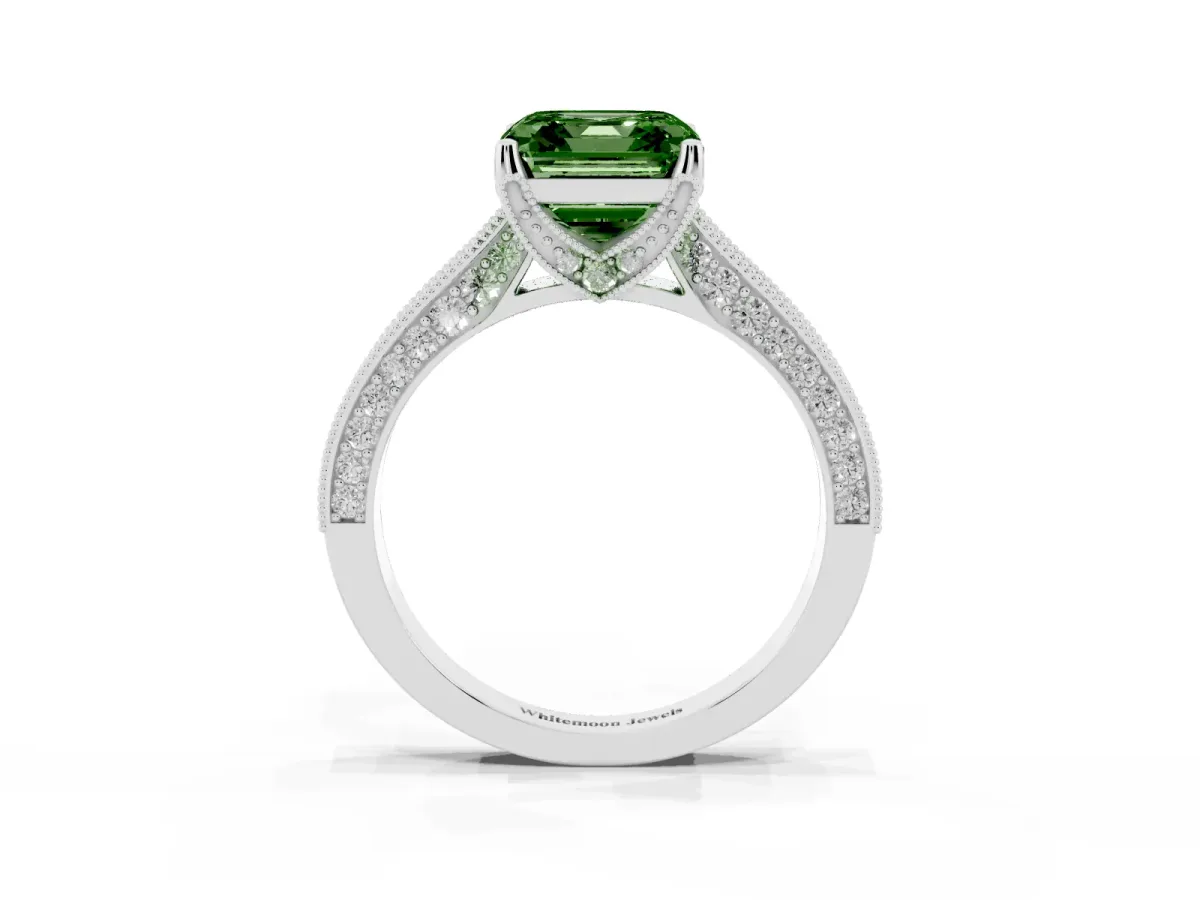 Fancy Green Asscher Cut Cut Diamond Solitaire Ring with Milgrain Pave Band and Four Prong Setting Silver