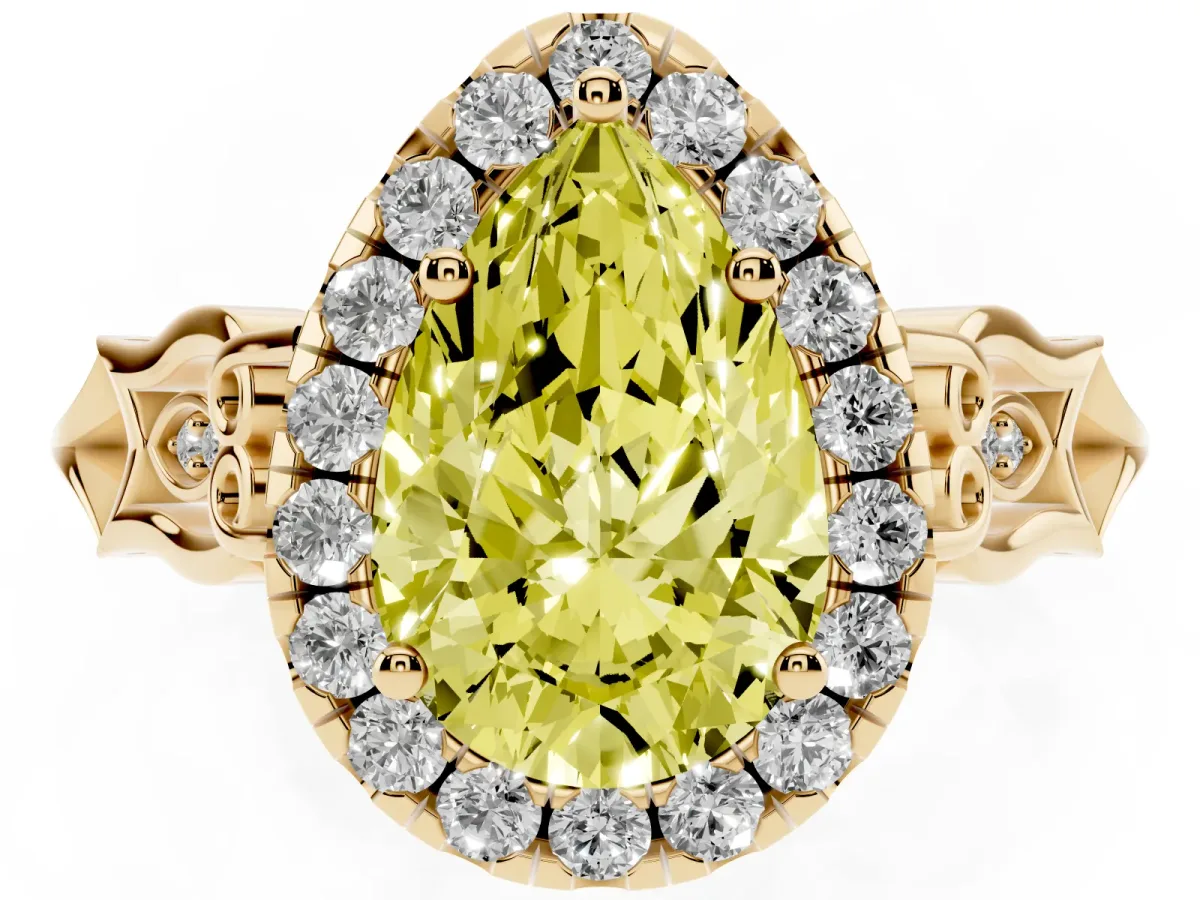 Fancy Yellow Pear Cut Halo Diamond Engagement Ring with Filigree Band and Four-Prong Setting Yellow gold