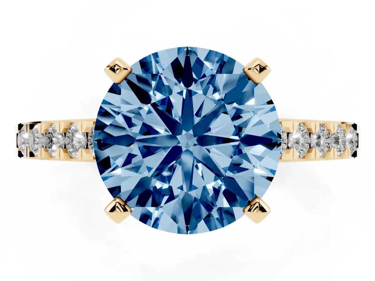Fancy Blue Round Cut Diamond Solitaire Ring with Crossover Gallery and Round Pavé Band Yellow gold
