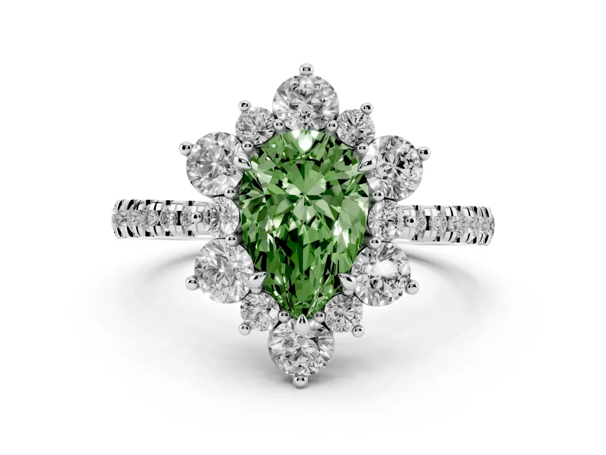 Fancy Green Pear Cut Diamond Floral Halo Ring with Round Pavé Band and Prong Setting White gold