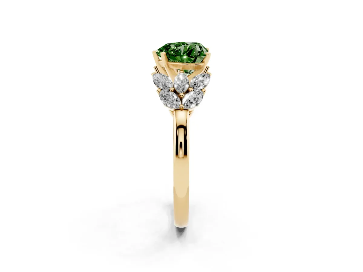 Fancy Green Heart Cut Diamond Cluster Leaf Design Ring with Prong Setting Yellow gold