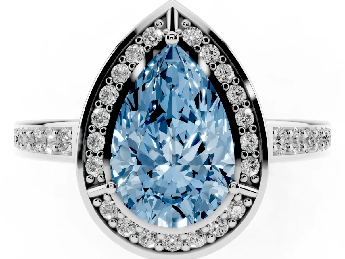 Fancy Blue Pear Cut Cut Halo Pave Split Shank Prong Setting Ring Platinum