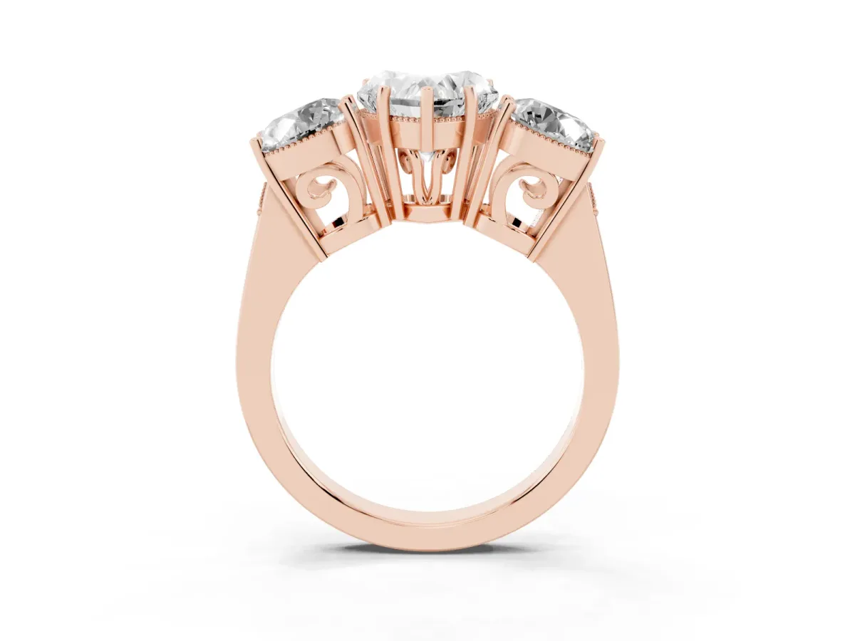 Three-Stone Heart Cut Diamond Engagement Ring with Prong Setting on a Classic Band Rose gold