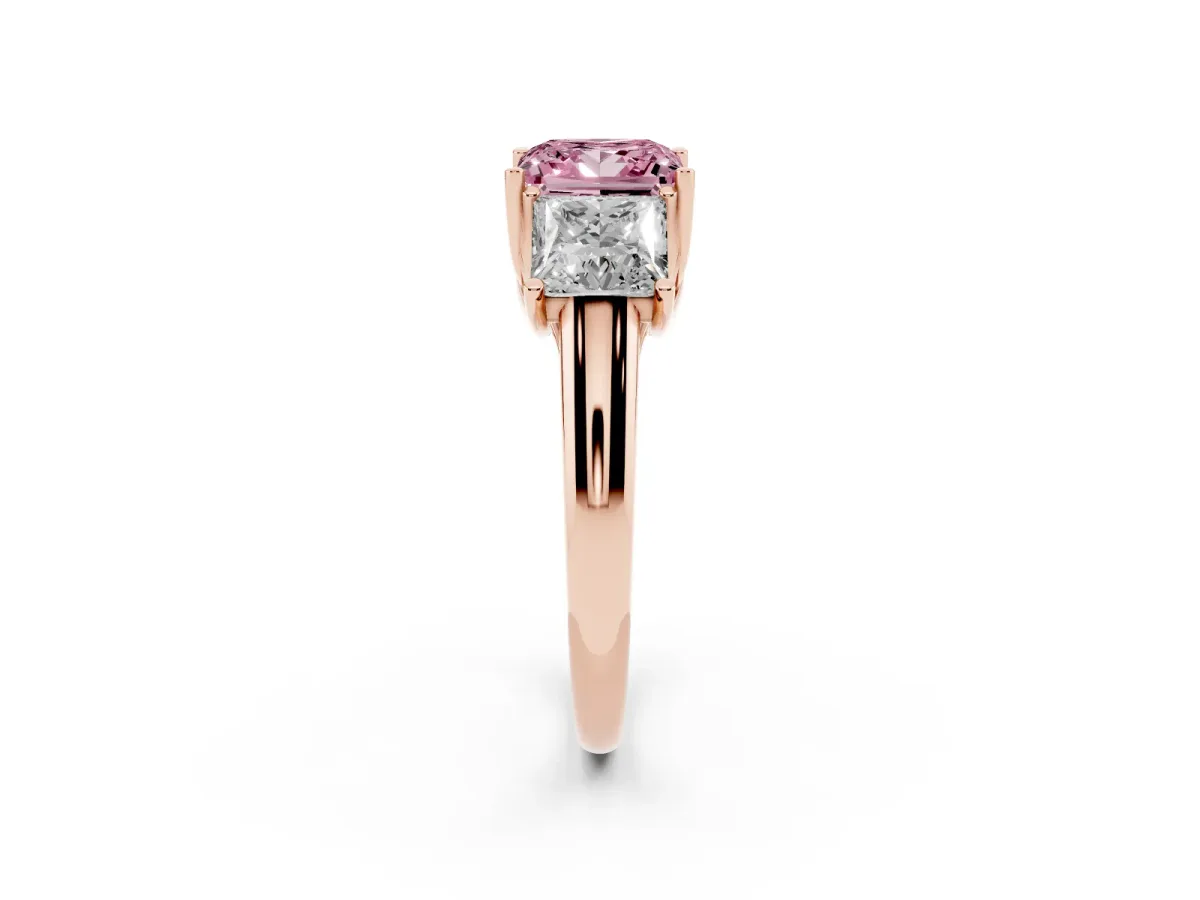 Fancy Pink Three-Stone Princess Cut Diamond Engagement Ring with Prong Setting Rose gold